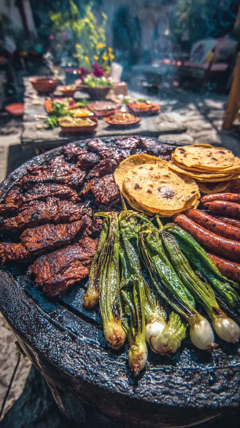 Parrillada con carnes asadas, cebollitas y tortillas al carbón