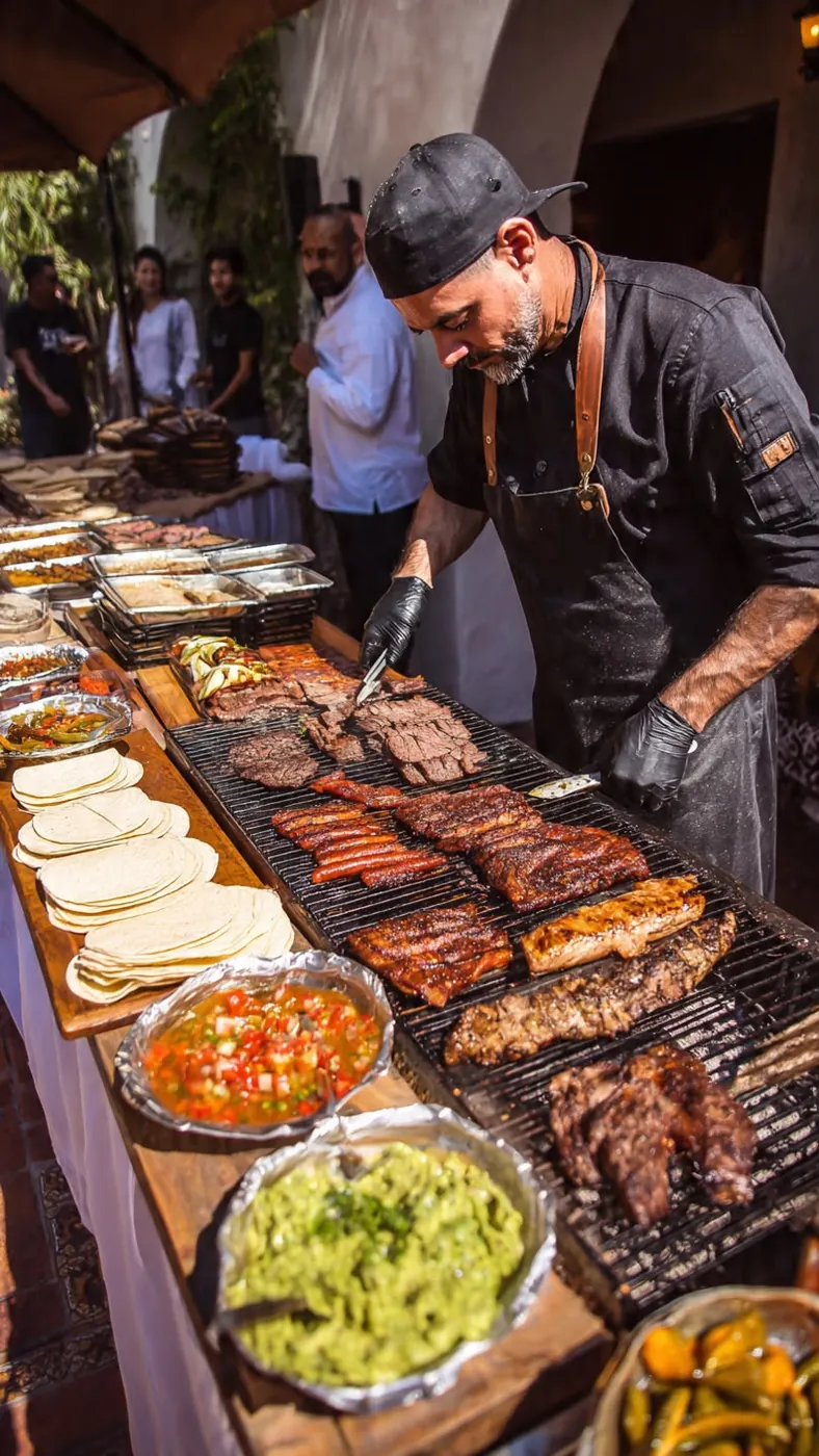 Chef preparando carnes en la parrilla durante el evento