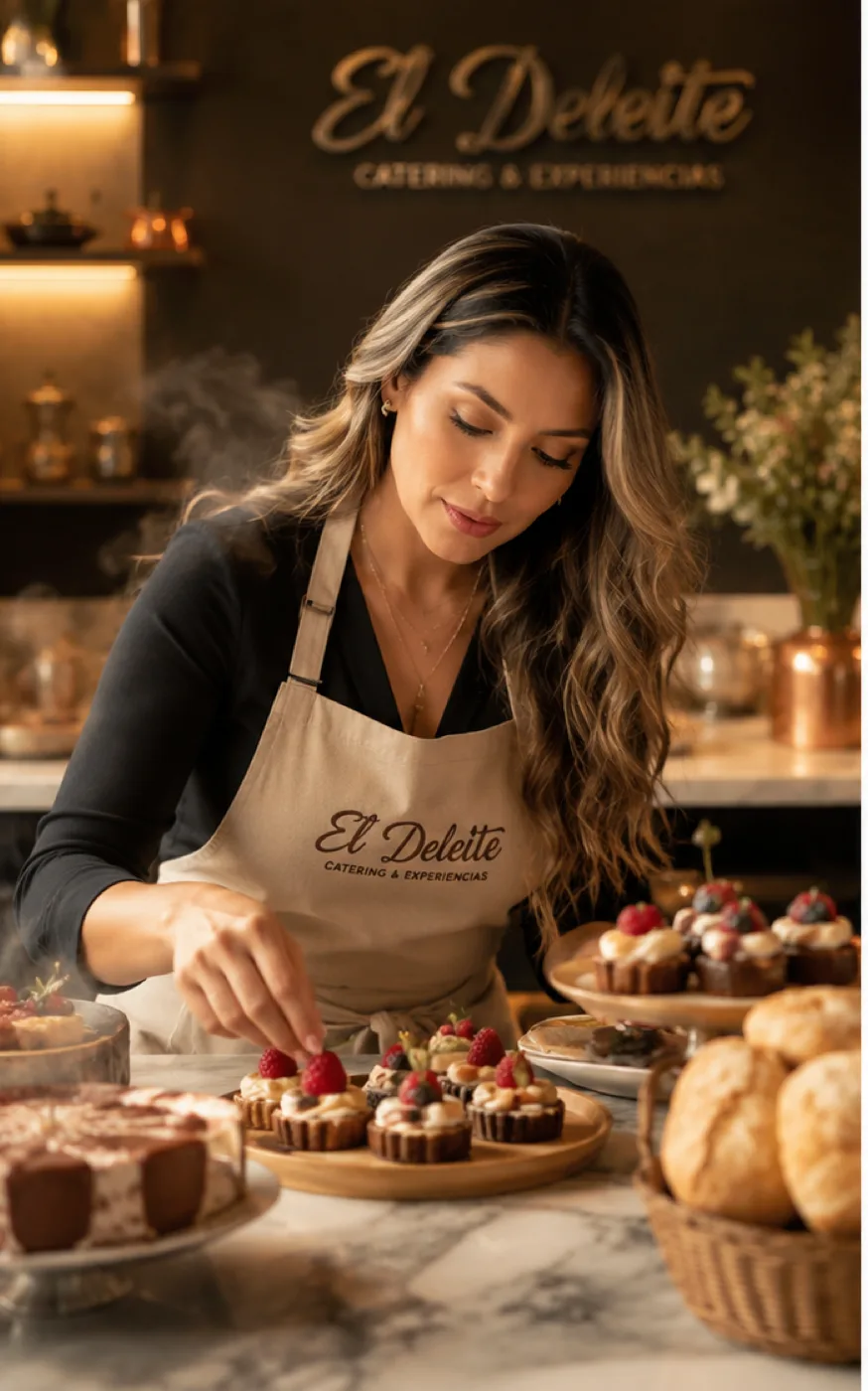 Equipo de El Deleite preparando postres en una sesión de banquete